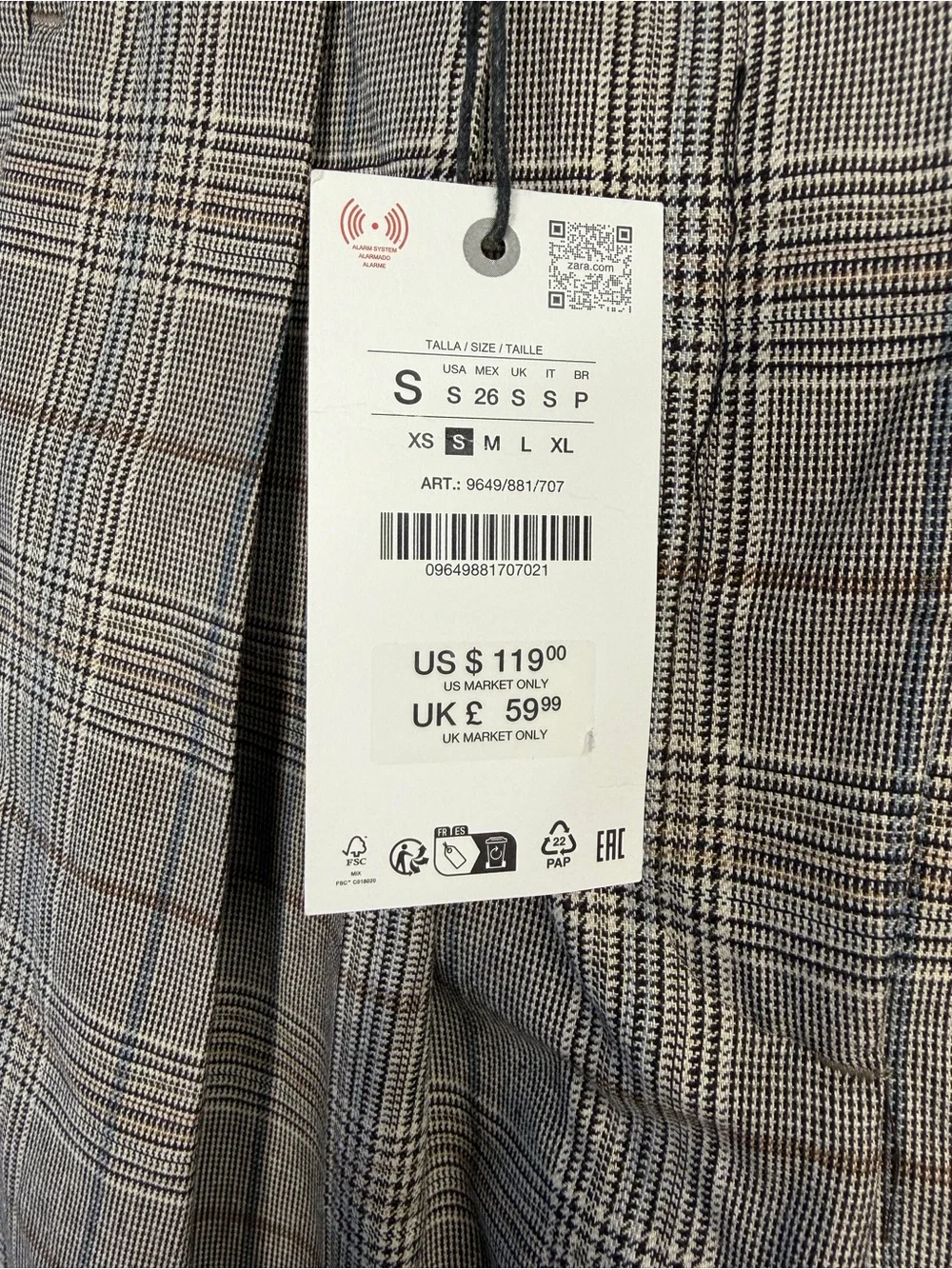 ZARA Checked Plaid Full Length High Waisted Wide Leg Tailored Trousers Small NWT - Picture 4 of 5